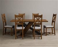 Michigan 180cm Rustic Oak and Metal Black Leg Industrial Dining Table with 6 Rustic Oak Rustic Solid Oak Chairs