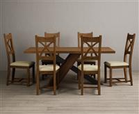Michigan 180cm Rustic Oak and Metal Black Leg Industrial Dining Table with 6 Cream Rustic Solid Oak Chairs
