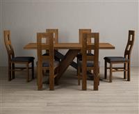 Michigan 180cm Rustic Oak and Metal Black Leg Industrial Dining Table with 6 Linen Rustic Solid Oak Chairs