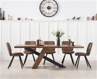 Michigan 180cm Rustic Oak and Metal Black Leg Industrial Dining Table with 6 Brown Hendrick Chairs