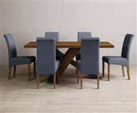 Michigan 180cm Rustic Oak and Metal Black Leg Industrial Dining Table with 6 Blue Scroll Back Chairs