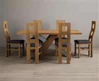 Michigan 180cm Solid Oak and Metal Industrial Dining Table with 6 Linen Natural Chairs