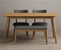 Nordic 150cm Solid Oak Dining Table with 4 Grey Nordic Chairs and 1 Grey Nordic Benches