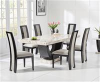 Novara 170cm Cream and Black Pedestal Marble Dining Table with 4 Brown Novara Chairs