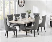 Novara 200cm Cream and Black Pedestal Marble Dining Table with 6 Cream Sophia Chairs