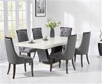 Novara 200cm White and Black Pedestal Marble Dining Table with 6 Grey Francesca Chairs
