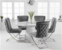Ravello 130cm Round White Marble Dining Table with 4 Grey Lorenzo Chairs