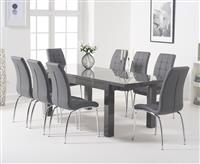 Extending Seattle 160cm Dark Grey High Gloss Dining Table with 6 Black Enzo Chairs