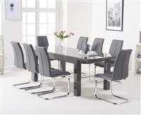 Extending Seattle 160cm Dark Grey High Gloss Dining Table with 8 Grey Gianni Chairs
