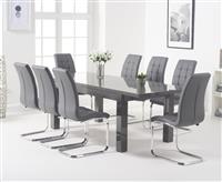 Extending Seattle 160cm Dark Grey High Gloss Dining Table with 8 Grey Vigo Chairs