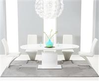 Extending Valzo 160cm White High Gloss Pedestal Dining Table with 4 White Aldo Chairs