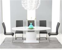 Extending Valzo 160cm White High Gloss Pedestal Dining Table with 6 White Austin Chairs