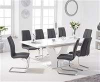 Extending Vittorio 160cm White High Gloss Dining Table with 6 Grey Gianni Chairs