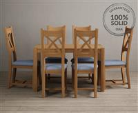 York 120cm Solid Oak Dining Table With 4 Blue X Back Chairs
