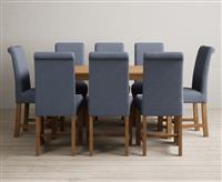 York 150cm Solid Oak Dining Table with 8 Blue Scroll Back Chairs