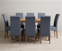 York 150cm Solid Oak Dining Table with 8 Blue Scroll Back Chairs