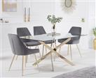 Denver 160cm Rectangular Gold Leg Glass Dining Table With 6 Blue Lola Velvet Chairs