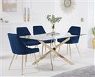 Denver 160cm Rectangular Glass Gold Leg Dining Table with 6 Blue Lola Chairs