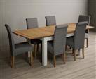 Hampshire 140cm Oak and Chalk White Extending Dining Table With 8 Grey Scroll Back Braced Chairs