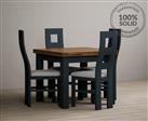 Hampshire 90cm Oak and Dark Blue Extending Dining Table With 4 Linen Flow Back Chairs