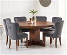 Helmsley 150cm Dark Oak Round Pedestal Dining Table with 6 Grey Keswick Chairs