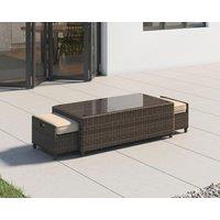 Ascot Rattan Garden Coffee Table with 2 Footstools in Truffle Brown & Champagne - Rattan Direct