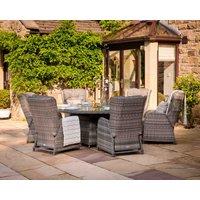 6 Reclining Rattan Garden Chairs & Large Round Fire Pit Dining Table in Grey - Fiji - Rattan Direct