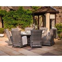 8 Reclining Rattan Garden Chairs & Large Round Fire Pit Dining Table in Grey - Fiji - Rattan Dir