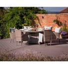 6 Seat Rattan Garden Dining Set With Large Round Table in Grey With Fire Pit - Cambridge - Rattan Di