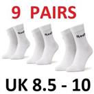 9 Pairs Reebok Mid Crew Socks Sports Large UK 8.5 - 10 White - 8.5 - 10 Regular