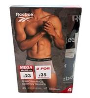 Reebok Performance Cotton Trunks Boxers Black Blue Grey Mens Size Large New - L Regular