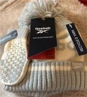 Reebok Blue & Cream Striped Bobble Hat & Mittens Set ~ Knitted Age 12-24 Months
