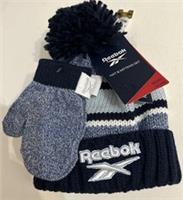 Reebok Striped Bobble Hat & Mittens Set ~ Knitted Blue & Navy Age 12-24 Months
