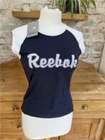 Vintage 2004 Reebok Tank Gym Top Ladies Womens Size Uk12 Medium Blue White Sport