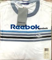 BNWT REEBOK White T-Shirt Top Size S. Blue,grey,black stripes. New in Packaging - S Regular