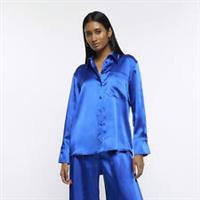 River Island Womens Oversized Shirt Blue Satin Fabric Long Sleeve Collared - M Regular