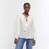 River Island Womens Blouse Cream Embroidered Tie Up Neck Cuffed Long Sleeve Top - 8 Regular