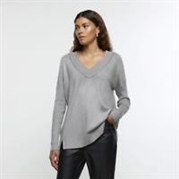 River Island Womens Jumper Silver Lightweight V-Neck Sweater Pullover Top - S Regular