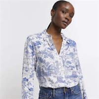 River Island Womens Shirt Blue Floral Long Sleeve Cuffed Buttons Collared Top - 8 Regular