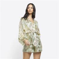 River Island Womens Playsuit Green Metallic Detail Tie Waist V-Neck Long Sleeve - 8 Regular