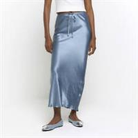 River Island Womens Midi Skirt Blue Satin Tie Waist Bias Casual Bottom - 10 Regular