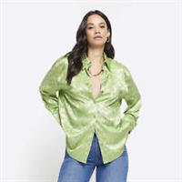 River Island Womens Shirt Green Jacquard Oversized Long Sleeve Collared Top - 6 Regular