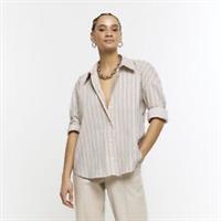 River Island Womens Shirt Beige Stripe Long Sleeve Cuffed Collared Top - 8 Regular