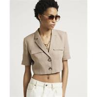 River Island Womens Crop Jacket Beige Linen Blend Collared Outerwear Top - 16 Regular