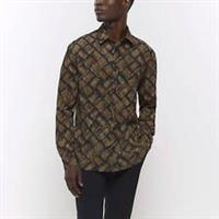 River Island Mens Shirt Brown Regular Fit Brick Texture Long Sleeve Collared Top - S Regular