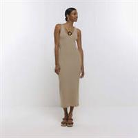 River Island Womens Bodycon Midi Dress Beige Ring Detail Sleeveless V-Neck - 6 Regular