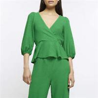 River Island Womens Peplum Top Green Textured 3/4 Sleeve V-Neck Blouse - 8 Regular