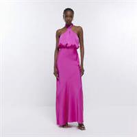 River Island Womens Maxi Dress Pink Bridesmaid Halter Neck Sleeveless Open Back - 16 Regular