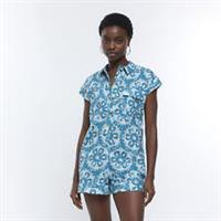 River Island Womens Playsuit Blue Aztec Short Sleeve Button Down Outfit - 8 Regular