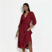 River Island Womens Wrap Midi Dress Red Frill 3/4 Sleeve V-Neck Tiered Hem - 8 Regular